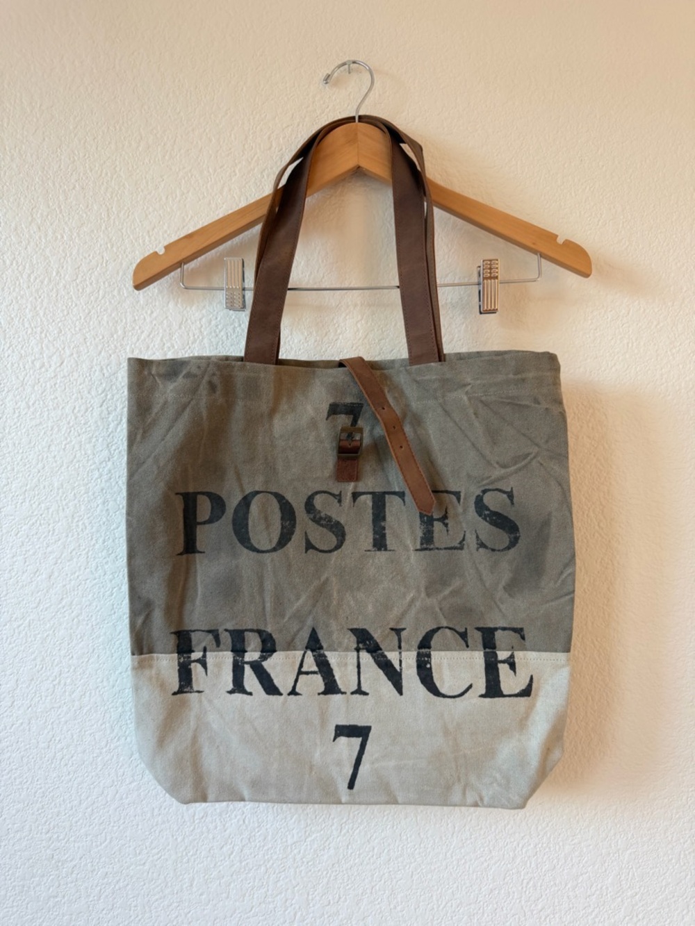 Vintage Canvas 'Postes France' Tote Bag in Olive and Natural Leather NWT